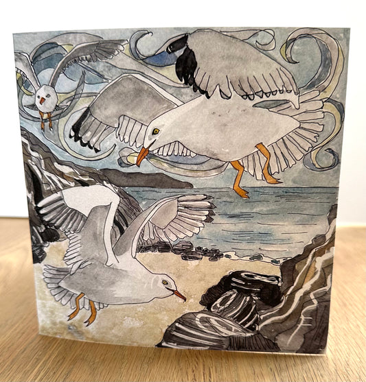 Clifftop Flight - Cornish Gull Greetings Card