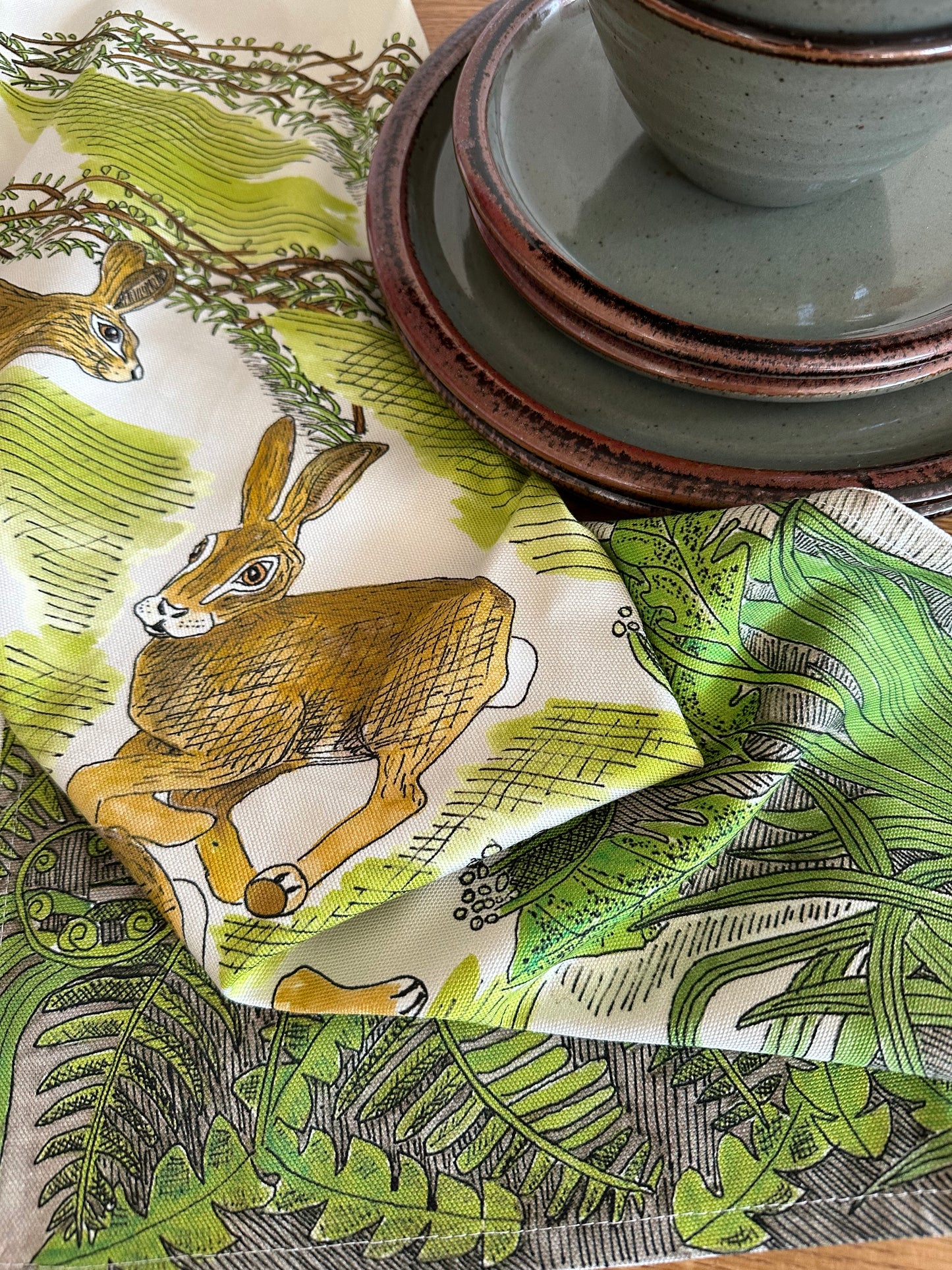 Frolicking Hares Tea Towels - Handcrafted British Wildlife Design