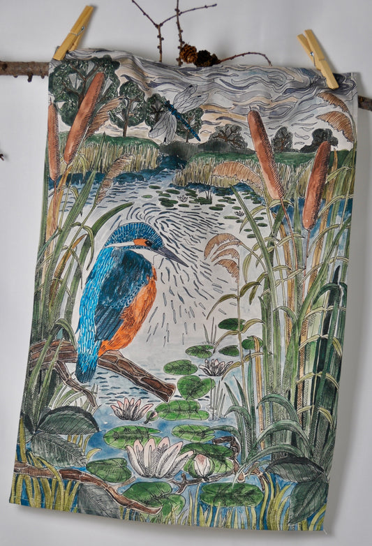 Kingfisher Tea Towel - British Wildlife Kitchen Design
