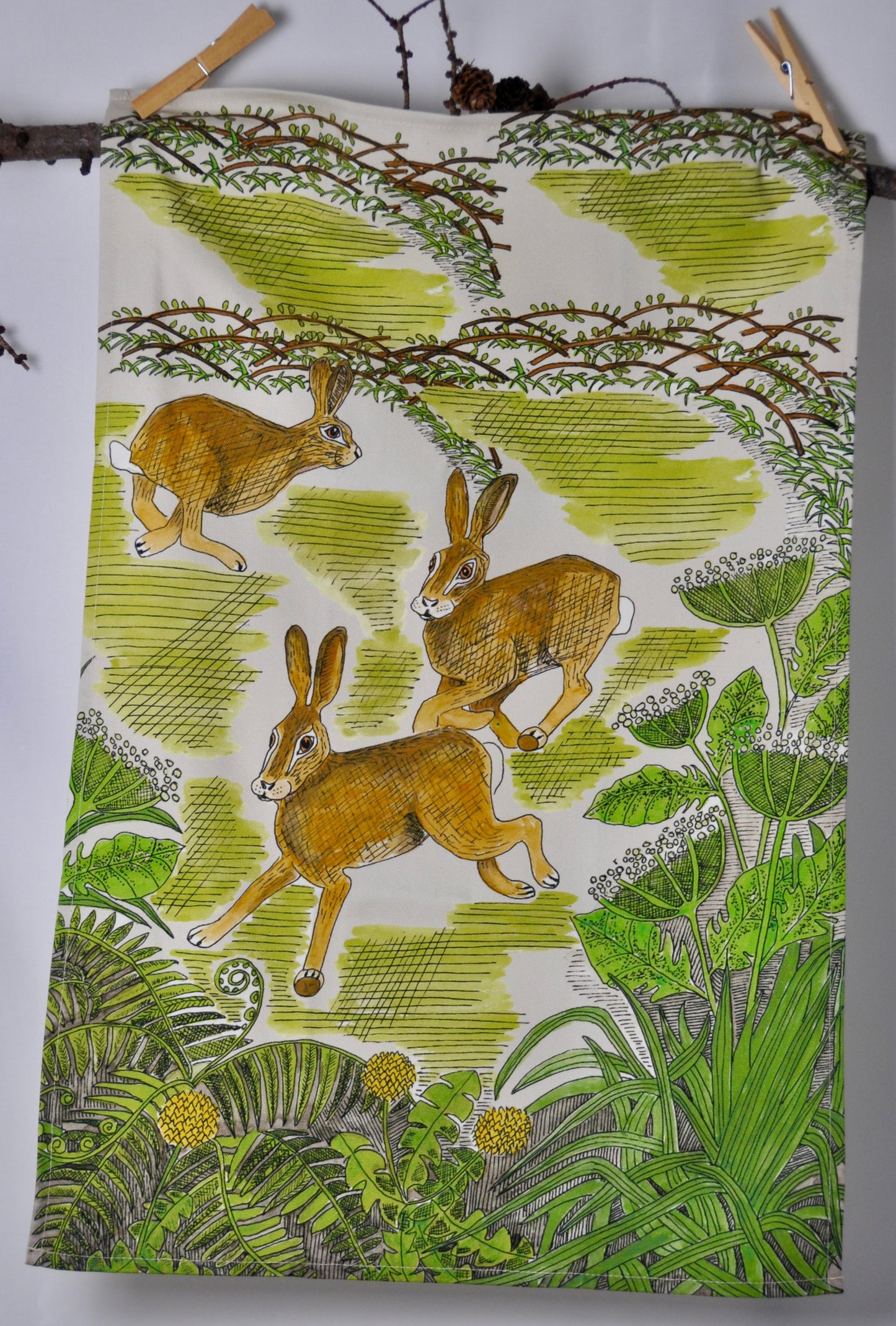 Frolicking Hares Tea Towels - Handcrafted British Wildlife Design