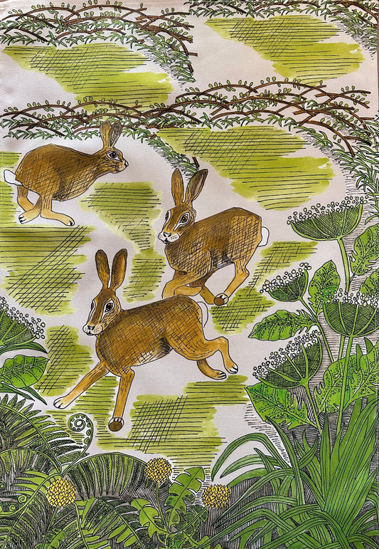 Frolicking Hares Tea Towel
