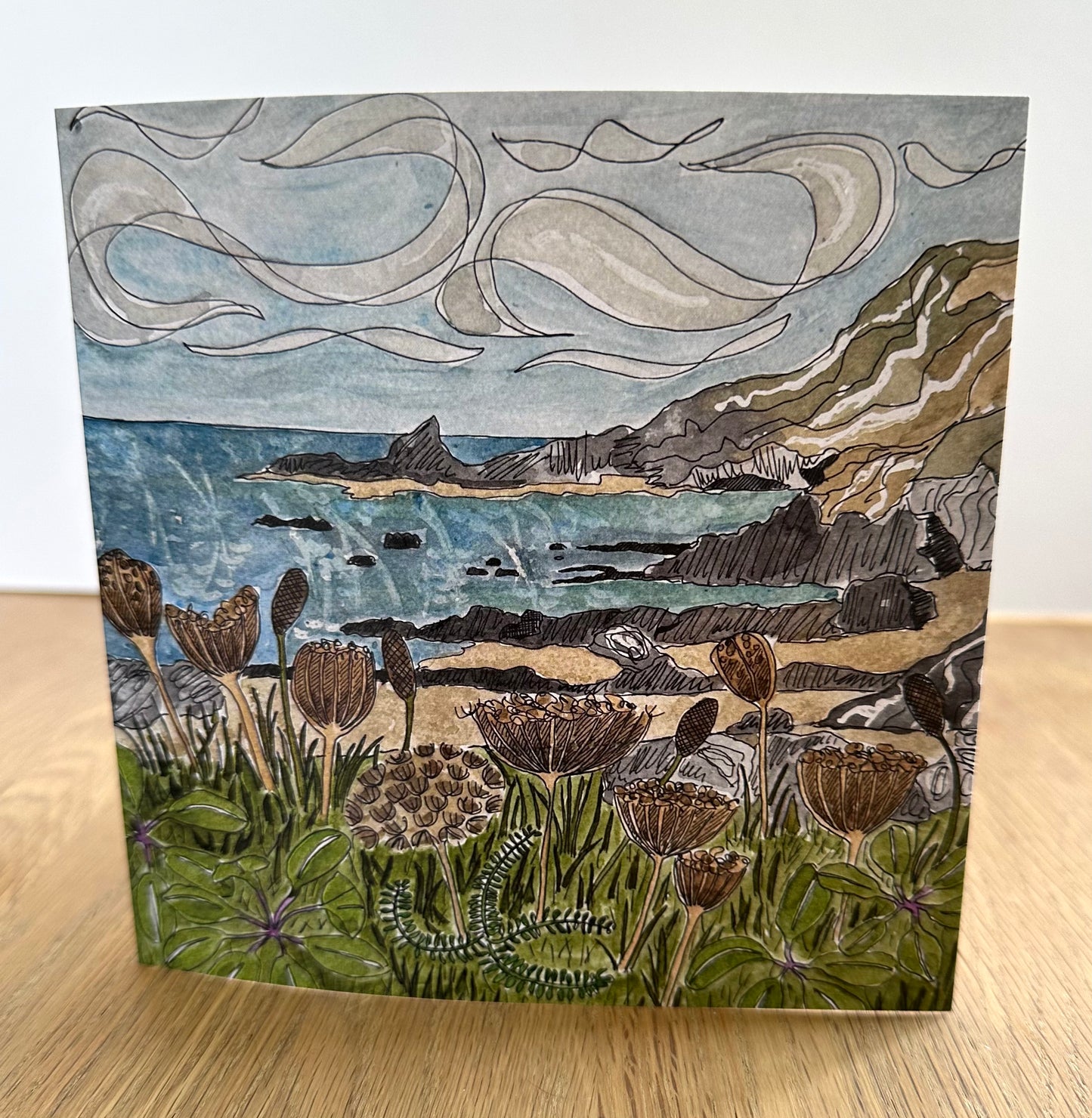 British Coastline Illustration Greetings Card - Gunwalloe Beach