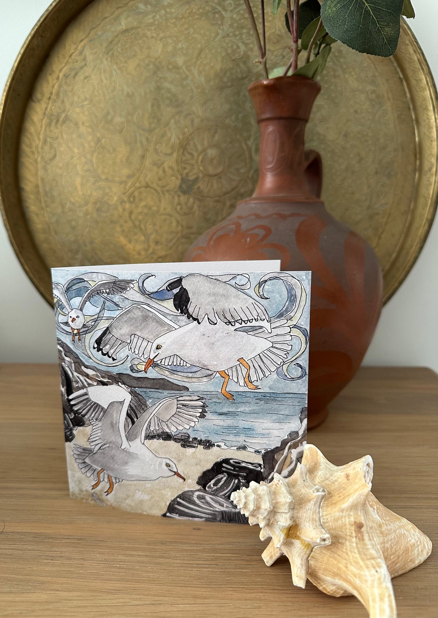 Clifftop Flight - Cornish Gull Greetings Card