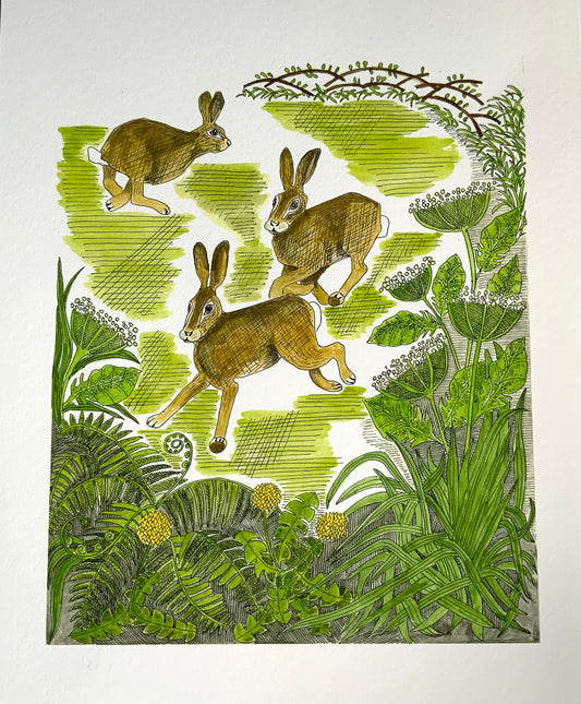Frolicking Hares Print - British Wildlife Art - Gift for Animal Lover