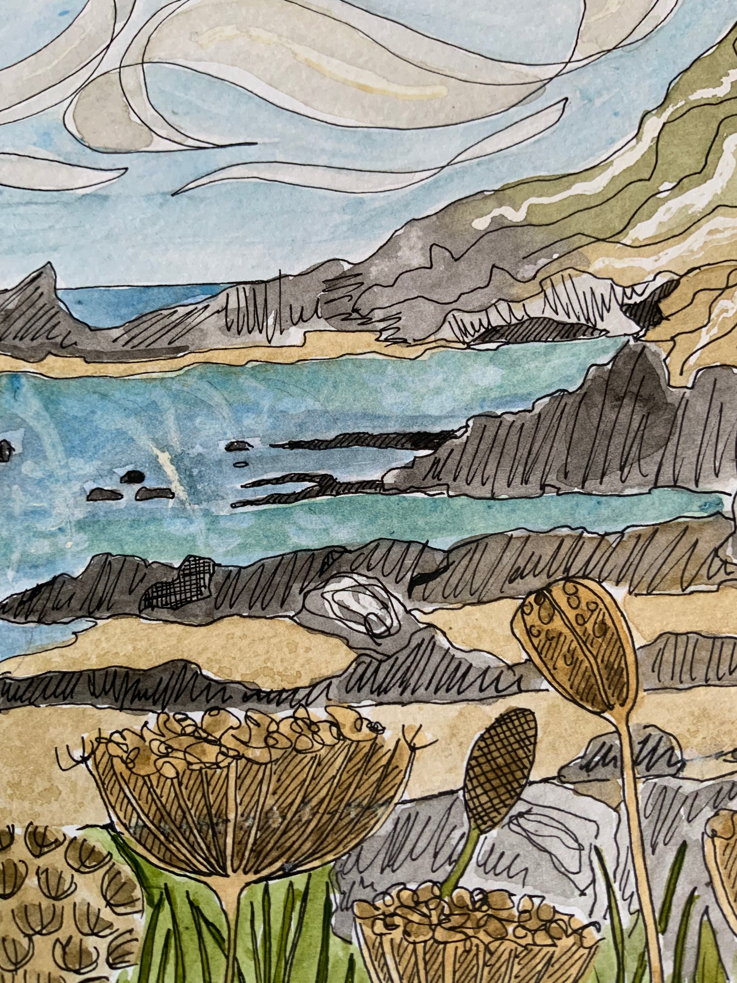 British Coastline Illustration Print - Gunwalloe Beach