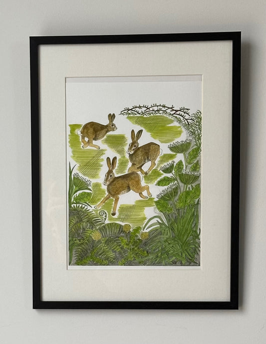 Frolicking Hares Print - British Wildlife Art - Gift for Animal Lover