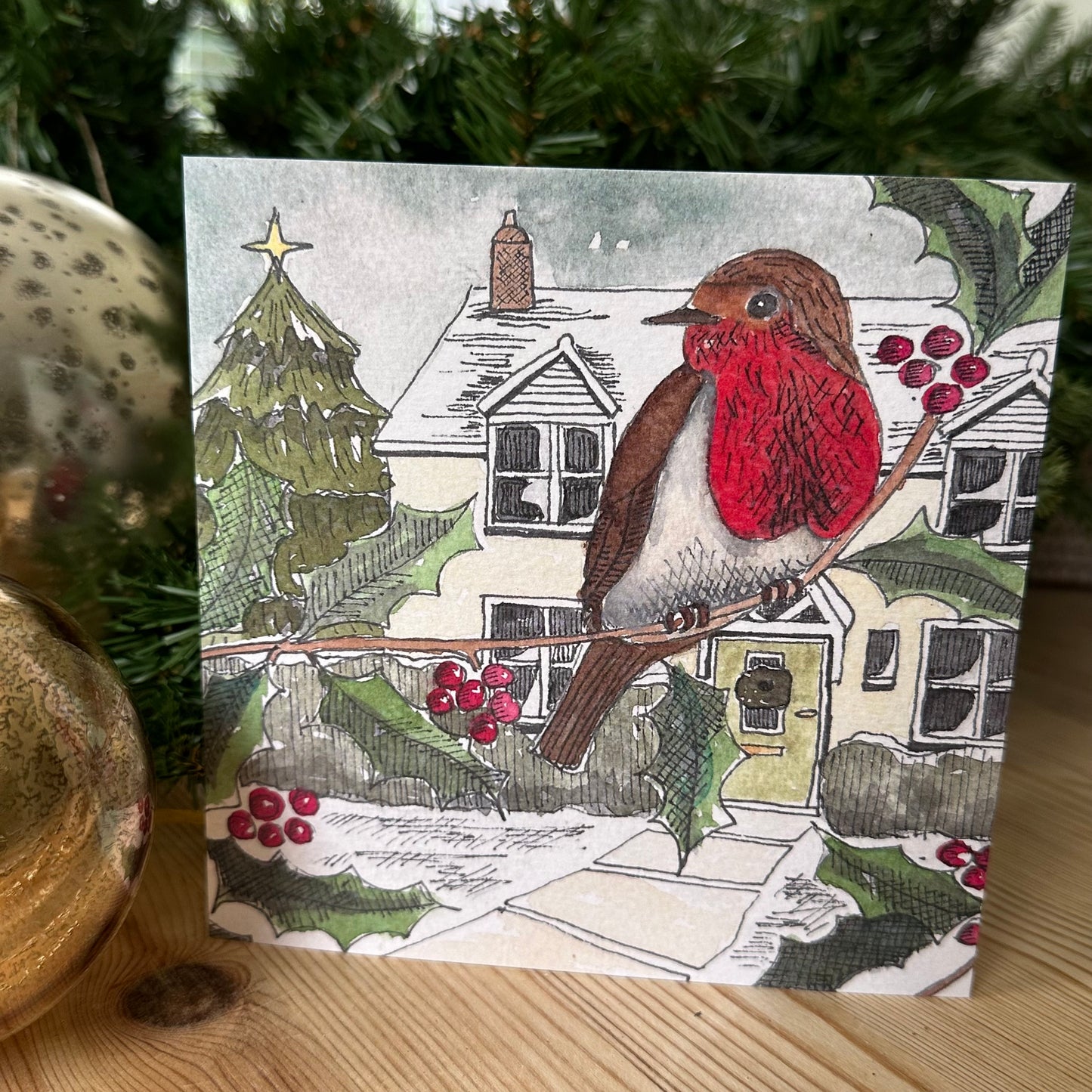 Robin in Winter - Hand-Drawn Christmas Card