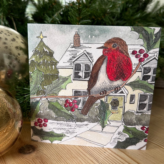 Robin in Winter - Hand-Drawn Christmas Card