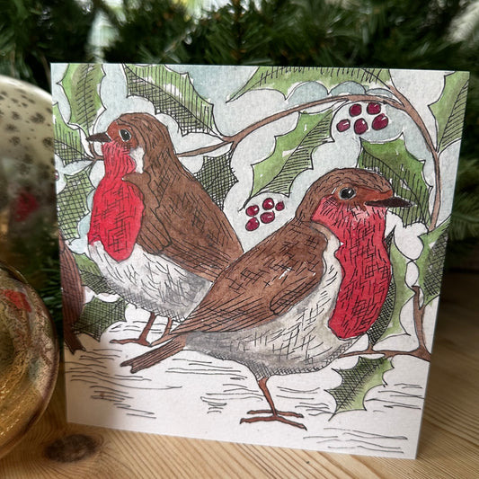 Robins at Christmas - Hand-Drawn Card