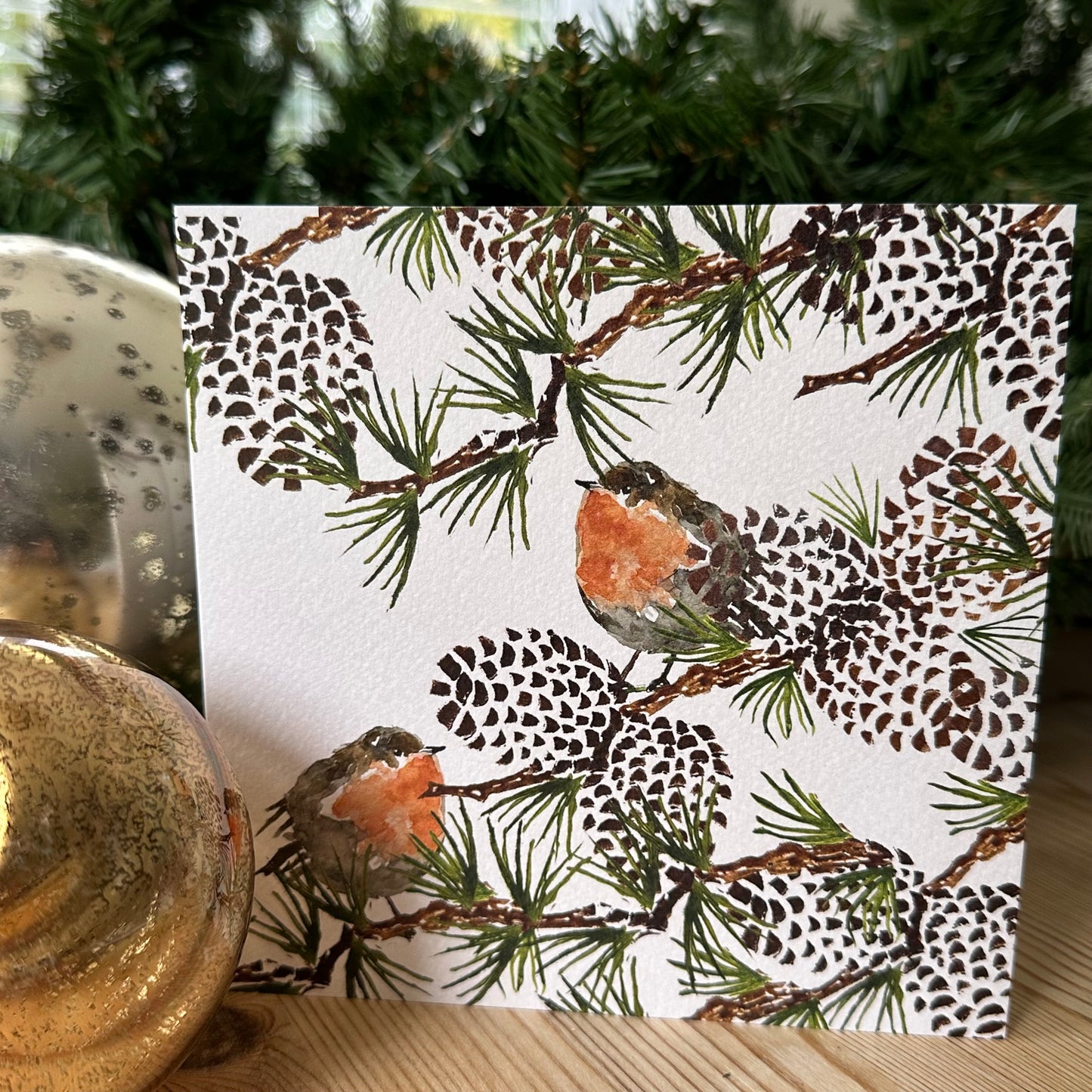 Robins & Pinecones - Hand-Drawn Christmas Card