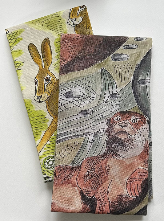 Hare and Otter Tea Towel Set - British Wildlife Kitchen Decor - Anima lLover Gift.