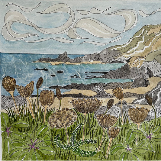 British Coastline Illustration Print - Gunwalloe Beach