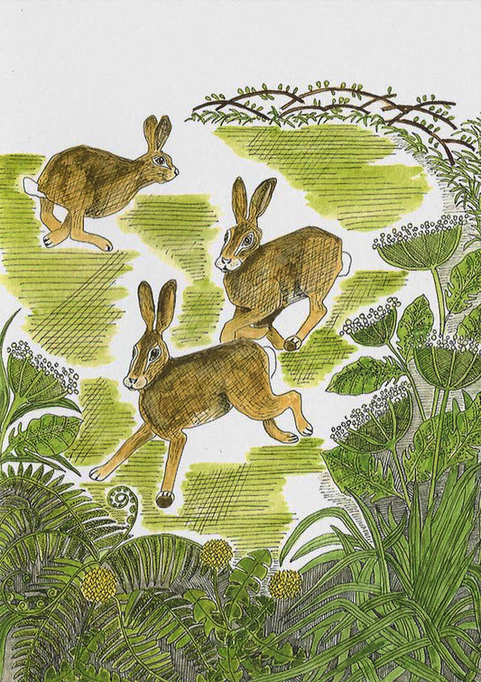 Frolicking Hares Greeting Card